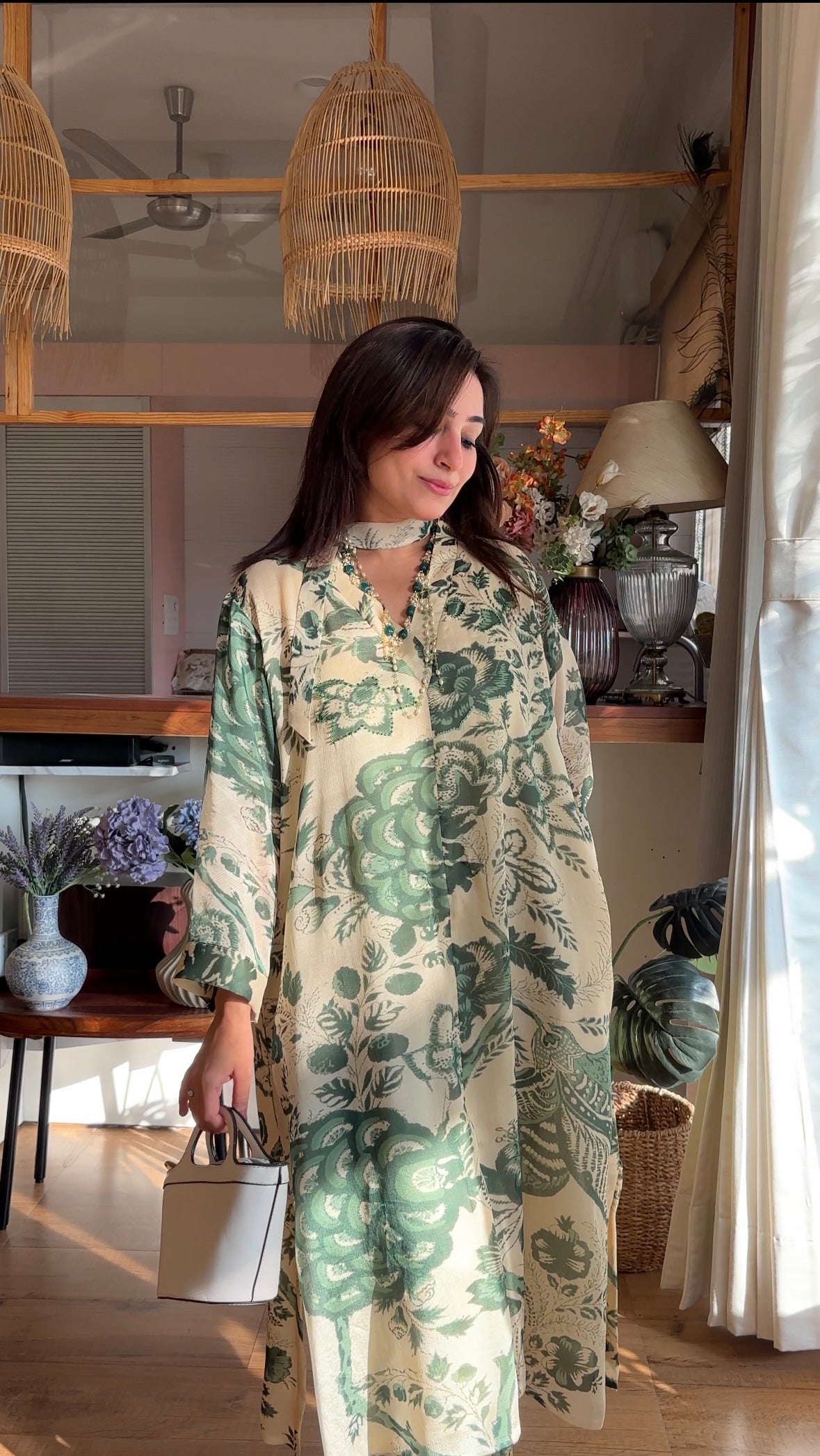 Holiday Print Kurta Set (Green)